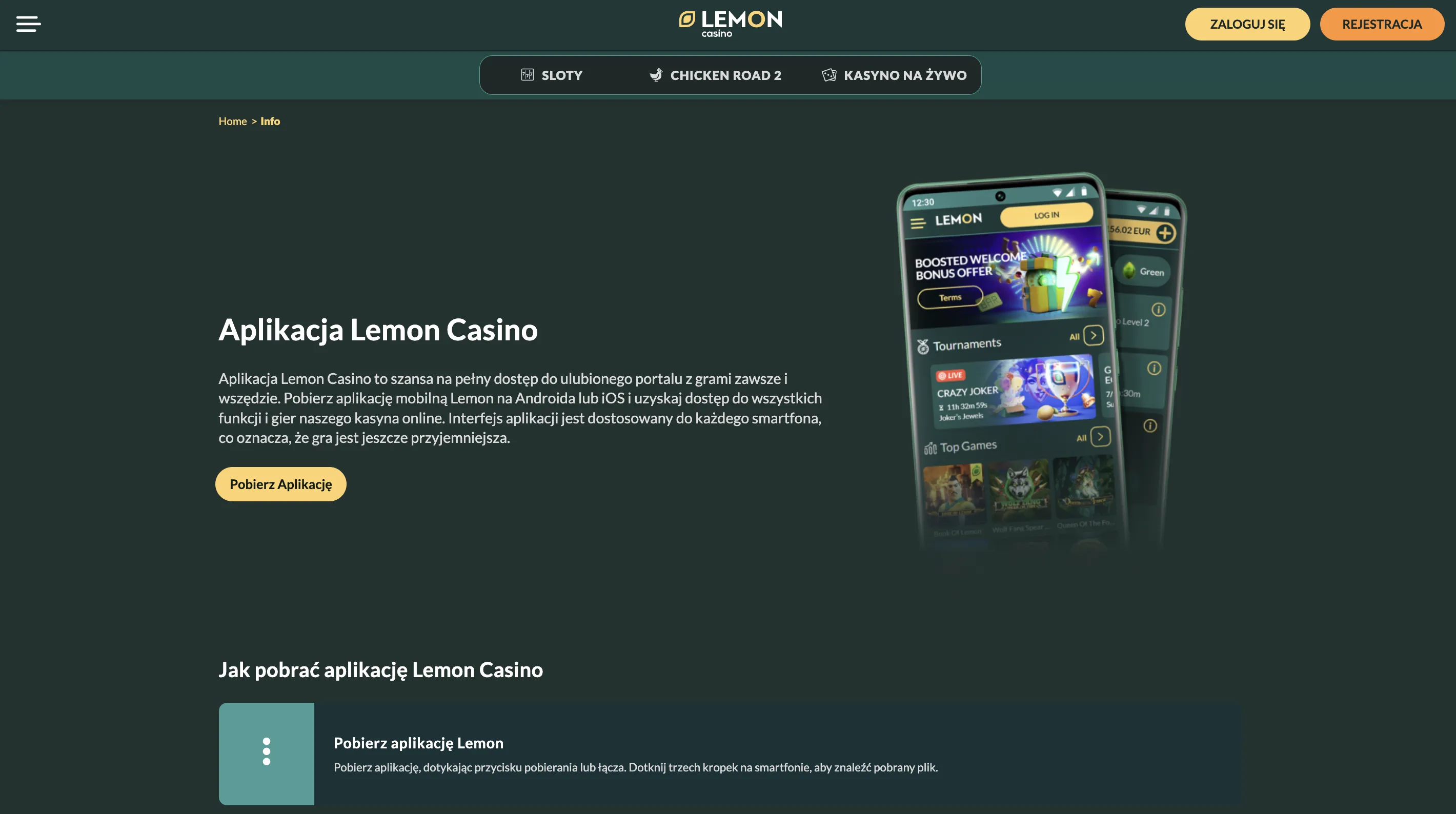 Lemon Casino aplikacja PWA na telefon – ekran mobilny